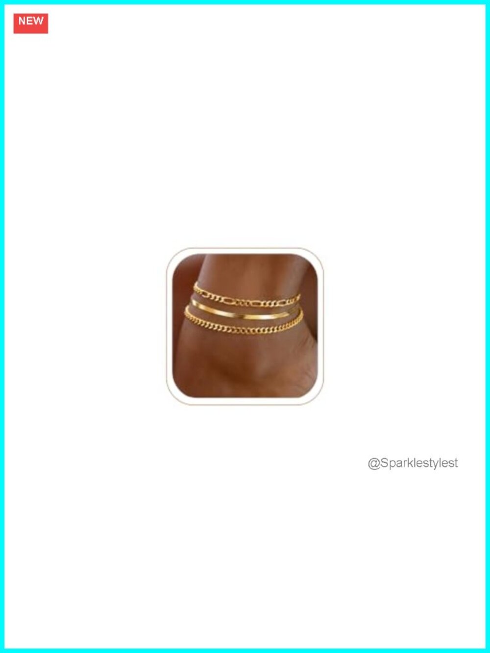 14K Gold Plated Waterproof Anklet Set Figaro Cuban Herringbone Adjustable